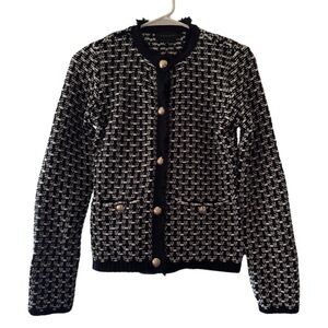 Tahari Bouclé Tweed Navy White Collarless Wool Blend Jacket Brass Buttons XS